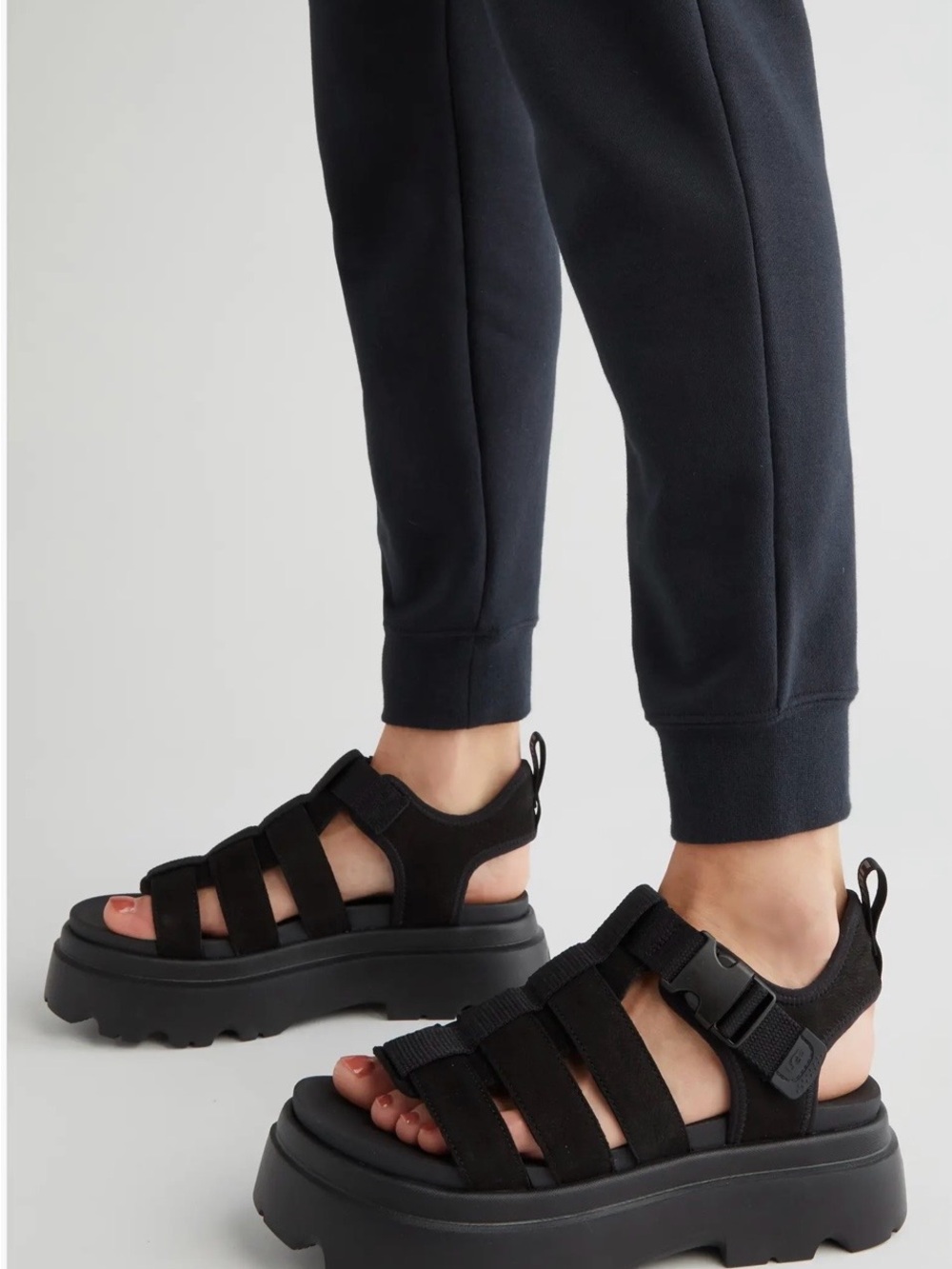 UGG CORA Black Suede Strappy Platform Sandals NEW